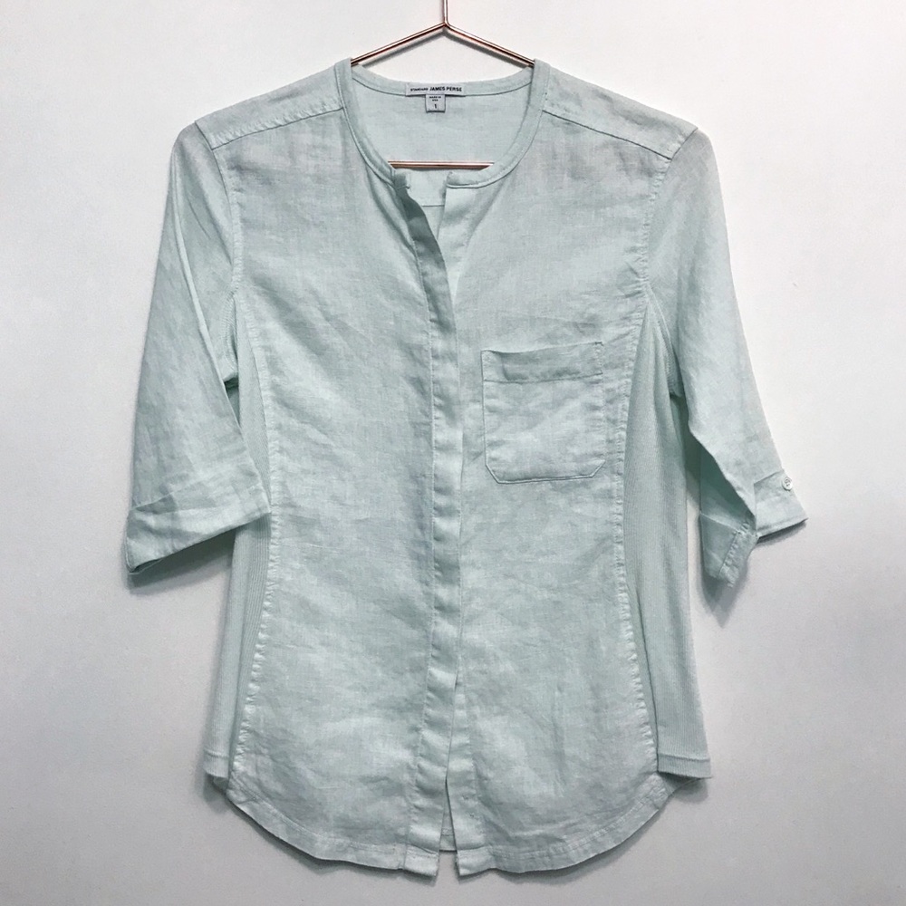 james perse | mint green contrast rib slub knit panel linen top s - Picture 6 of 8